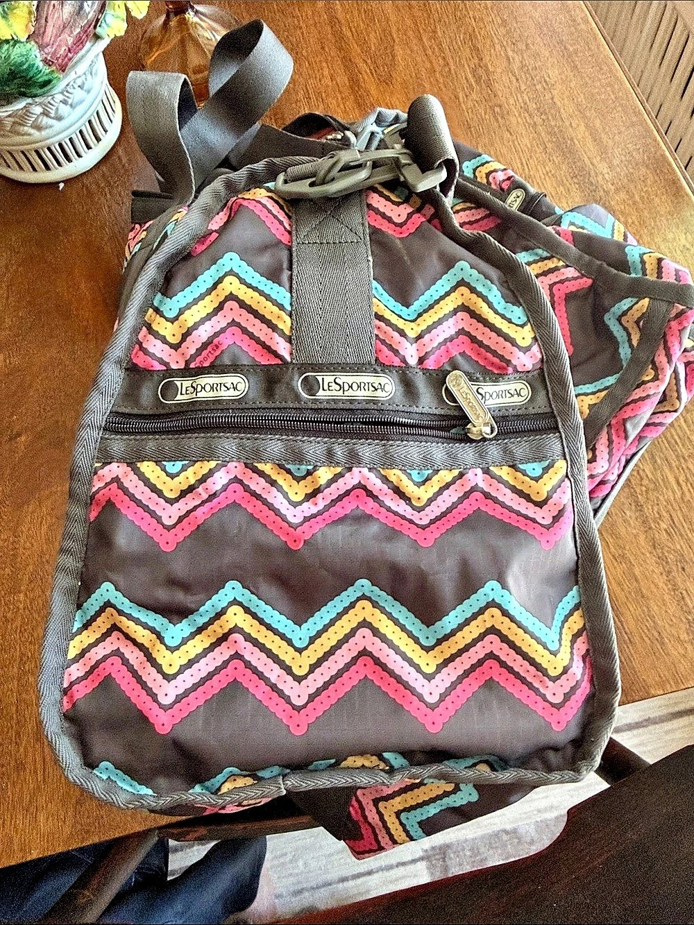 LeSportsac Zigzag Travel Bag in Dark Grey & Pink